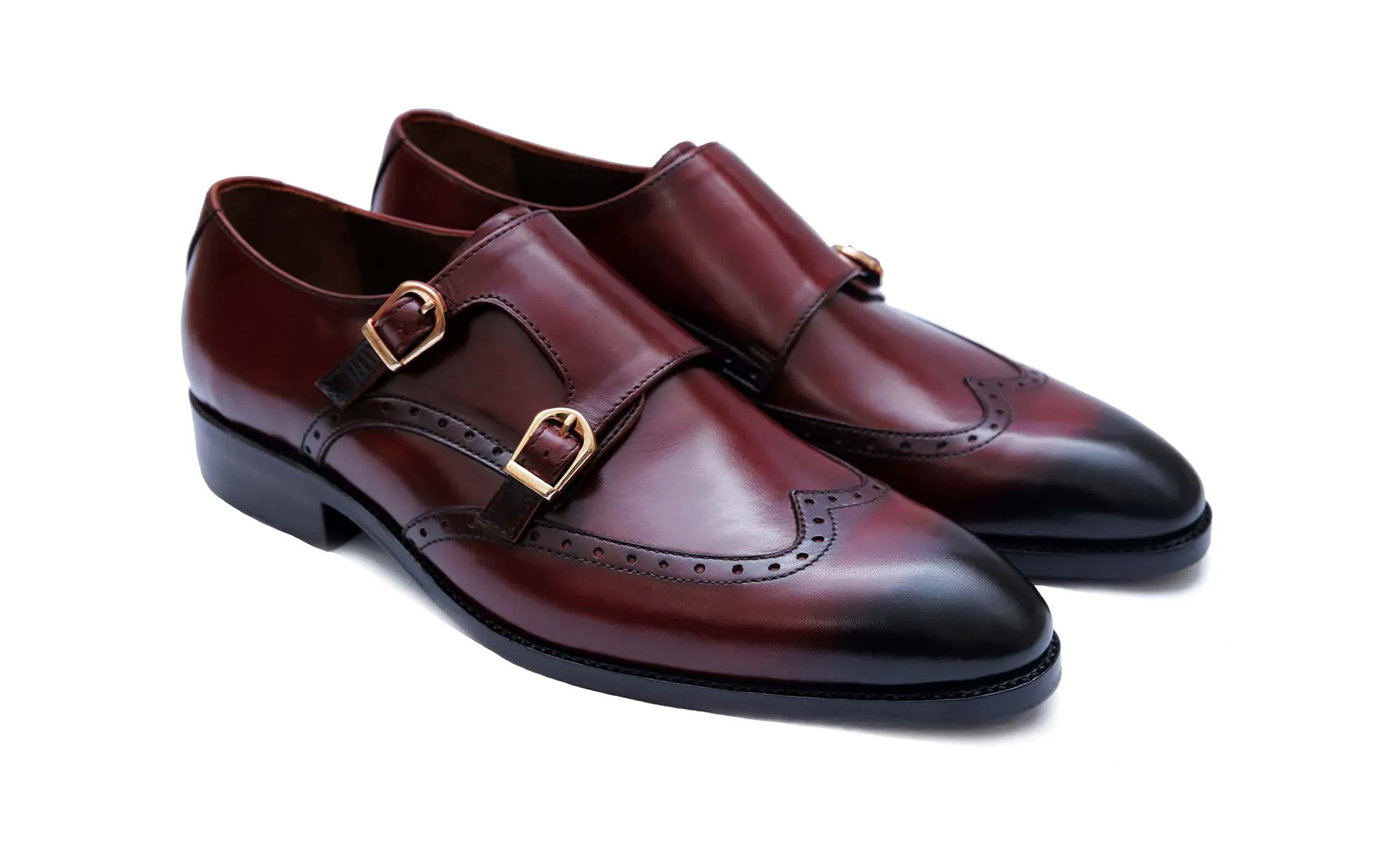Handmade Brown Double Monk Wingtip Leather Dress Shoes