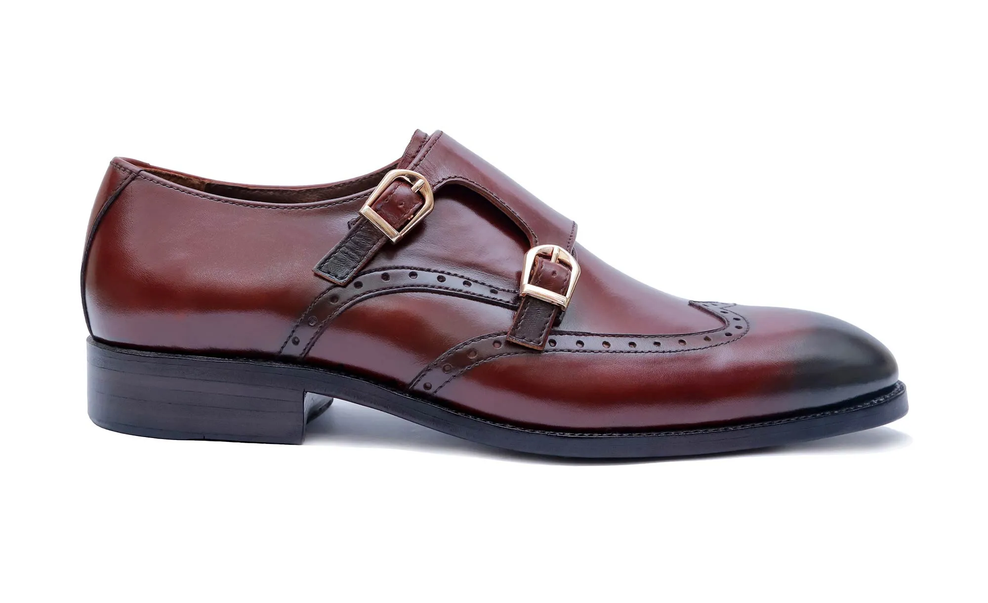 Handmade Brown Double Monk Wingtip Leather Dress Shoes