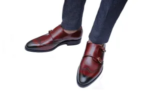 Handmade Brown Double Monk Wingtip Leather Dress Shoes