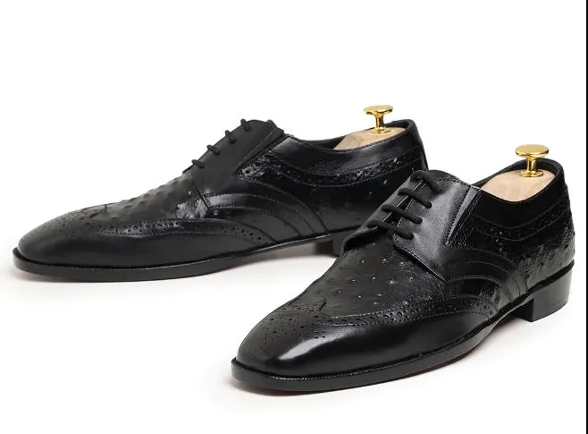 Handmade Men's Wingtip Black Ostrich Dress Shoes