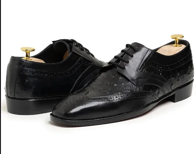 Handmade Men's Wingtip Black Ostrich Dress Shoes