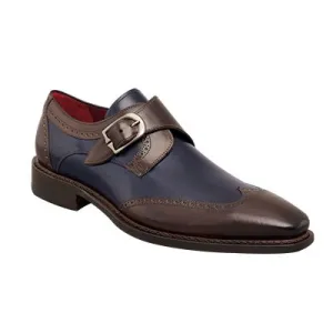 Handmade Men's Wingtip Two-Tone Brown and Navy Blue Monk Shoes
