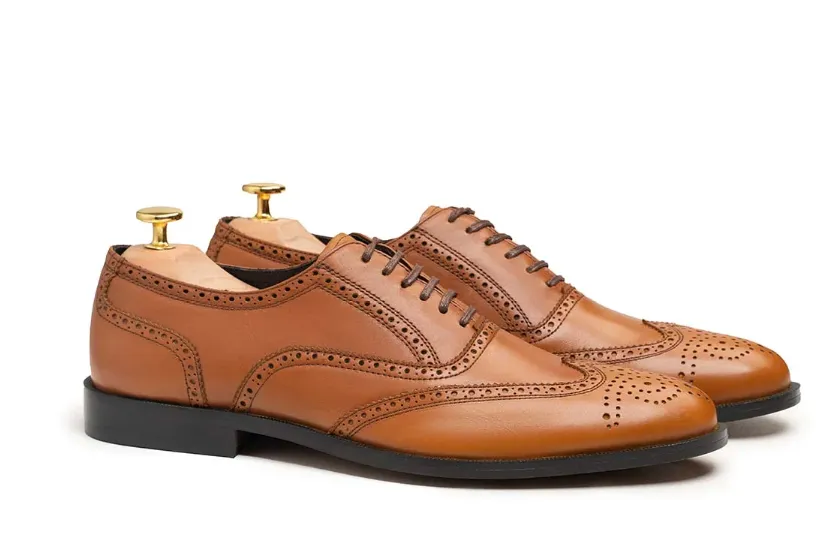 Handmade Tan Wingtip Brogue Dress Shoes for Men