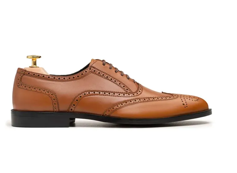 Handmade Tan Wingtip Brogue Dress Shoes for Men