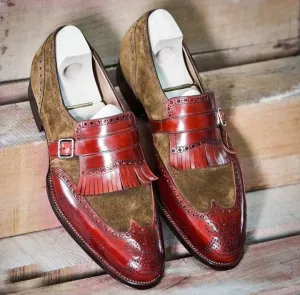 Handmade Two-Tone Fringe Wingtip Dress Shoes for Men