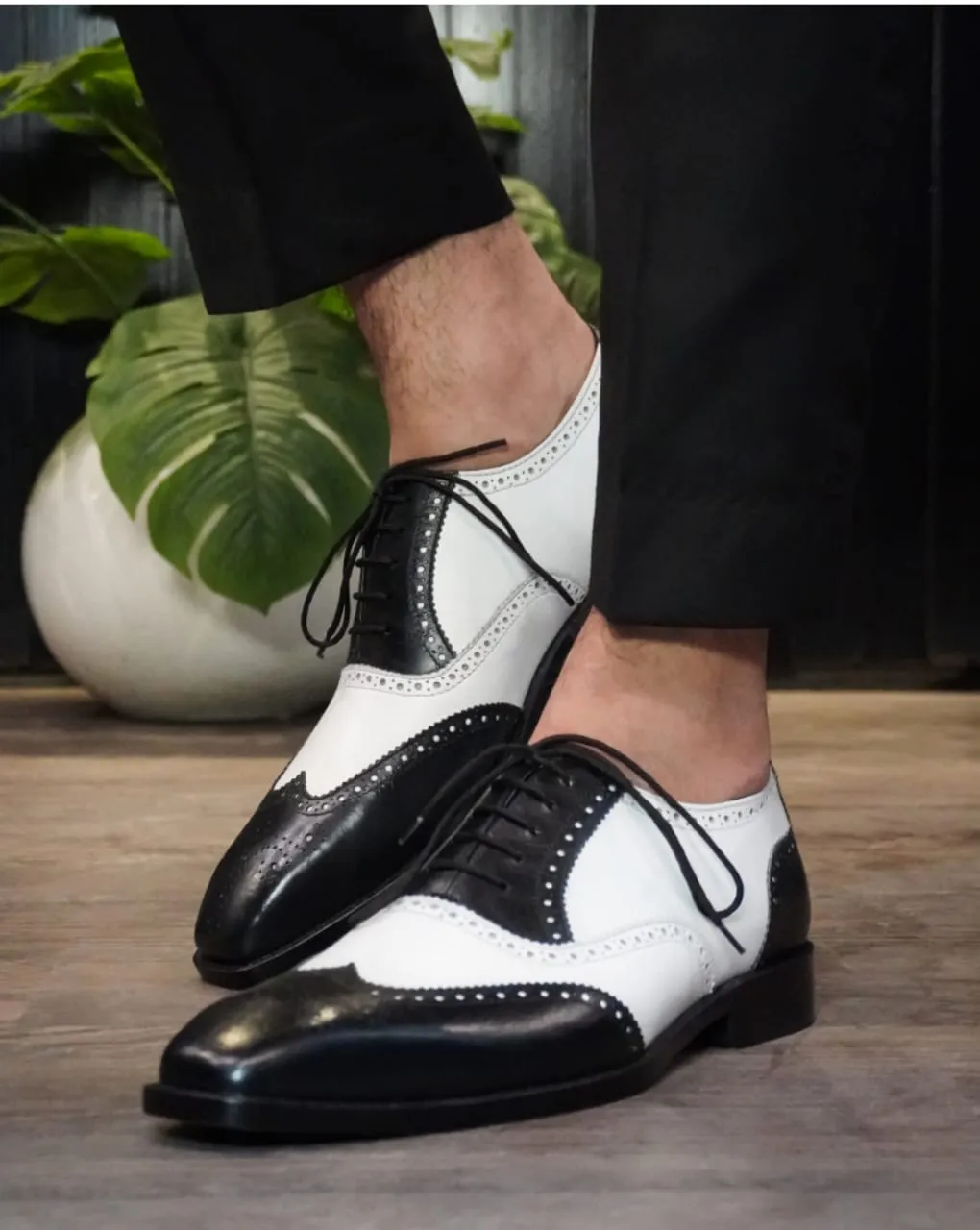 Handmade Two-Tone Leather Wingtip Dress Shoes for Men