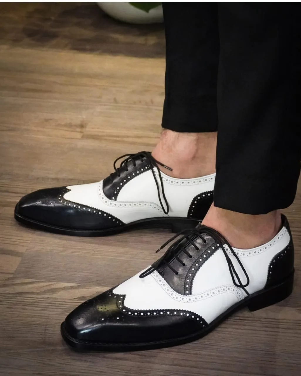 Handmade Two-Tone Leather Wingtip Dress Shoes for Men