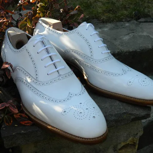 Handmade White Wingtip Brogue Shoes for Men