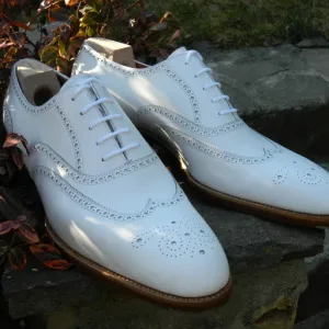 Handmade White Wingtip Brogue Shoes for Men