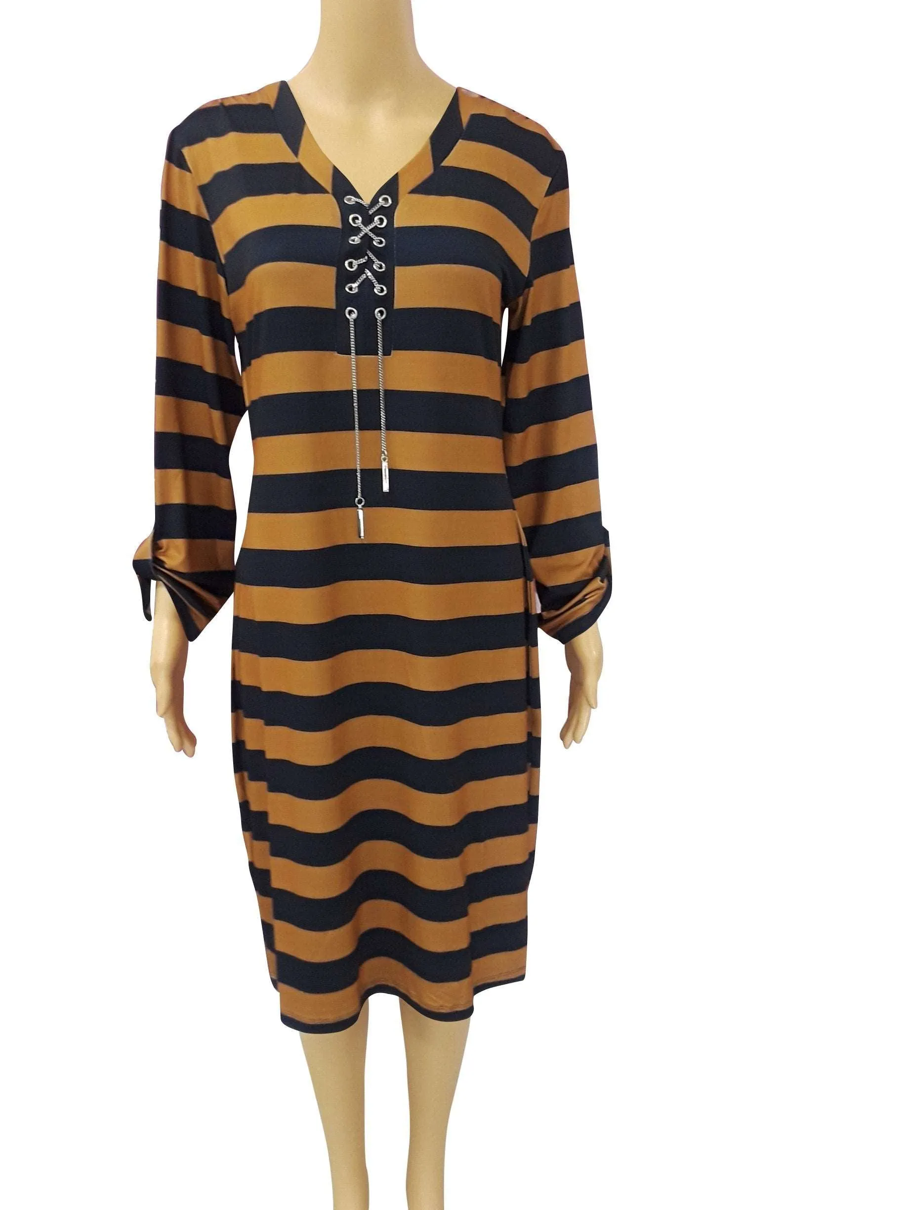 Heart Chain Bodycon Brown Black Stripe Dress