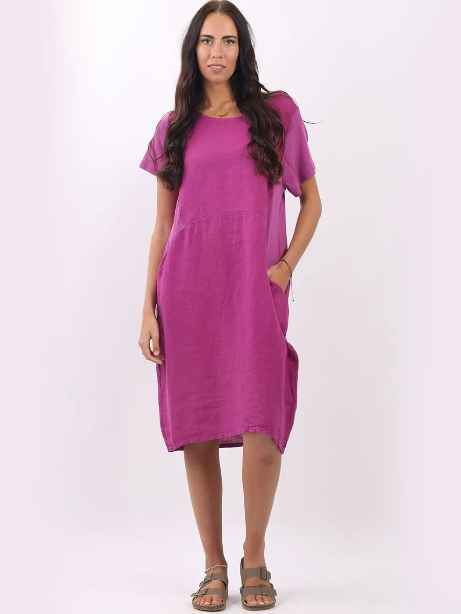 Italian Classic Shift Plain Magenta Linen Dress Sz 10-16