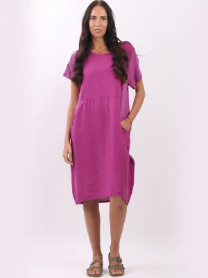 Italian Classic Shift Plain Magenta Linen Dress Sz 10-16