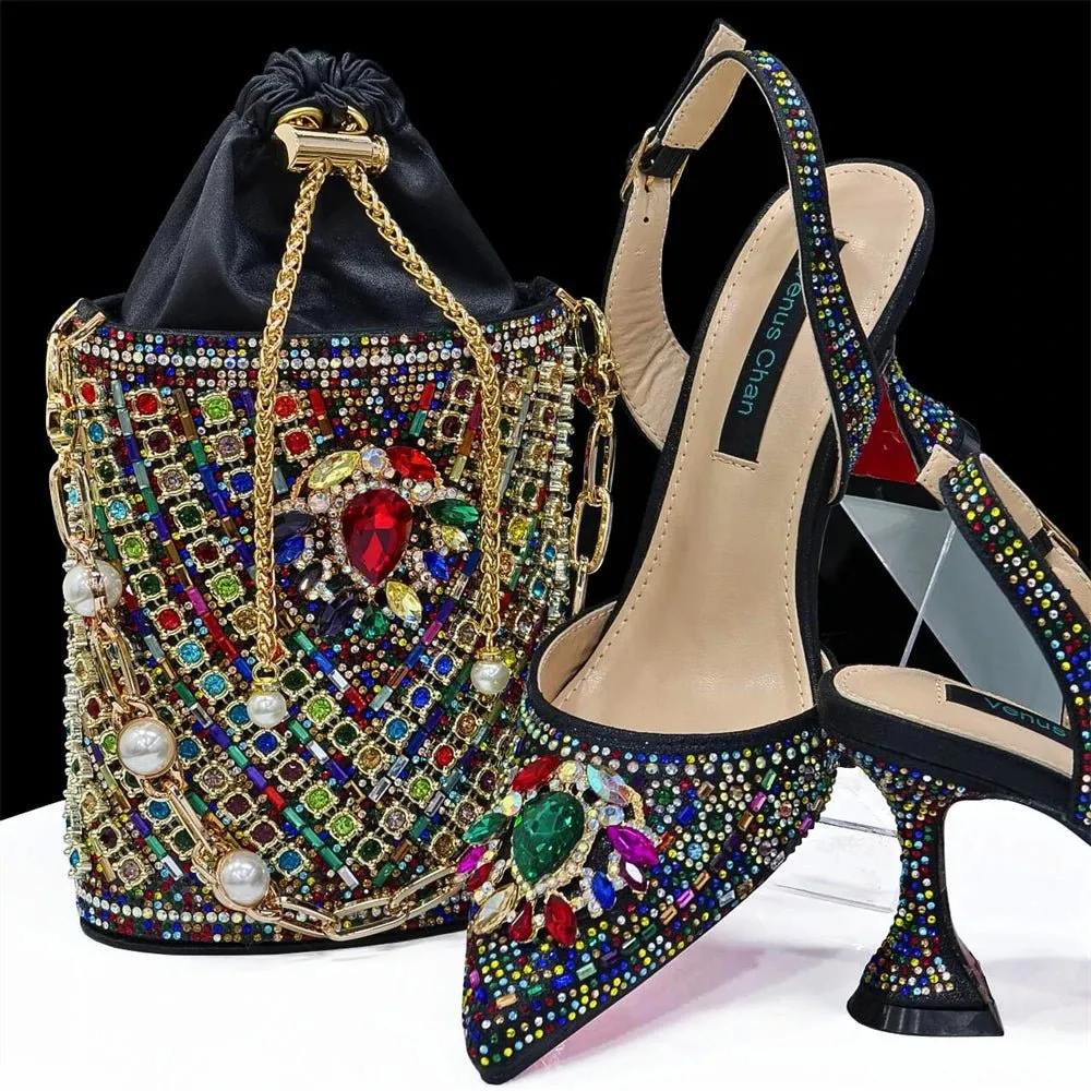 Italian Design Rhinestone Shoes and Bag for African Weddings