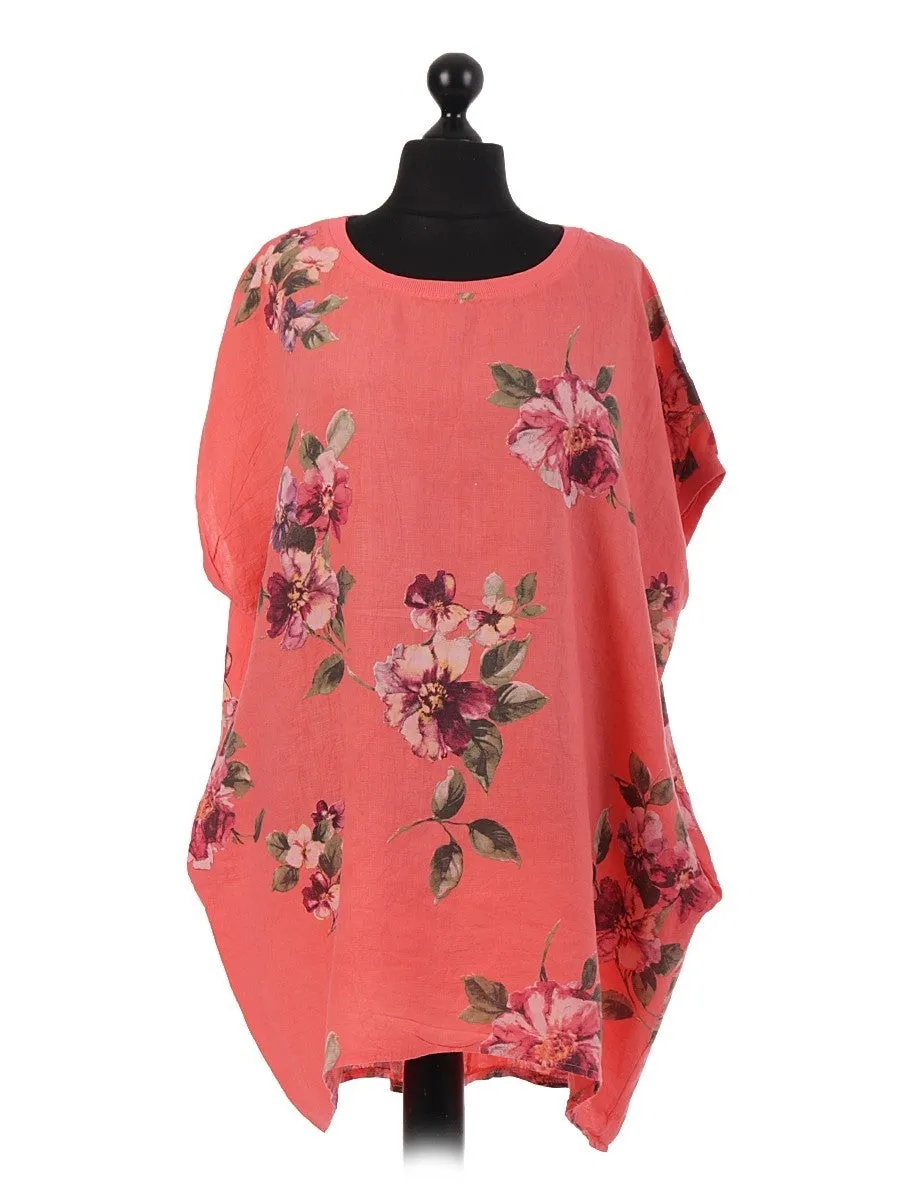 Italian Linen Floral Tunic Dress Coral Free Size