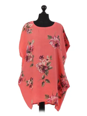 Italian Linen Floral Tunic Dress Coral Free Size