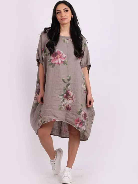 Italian Linen Floral Tunic Dress Mocha Free Size