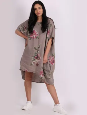 Italian Linen Floral Tunic Dress Mocha Free Size