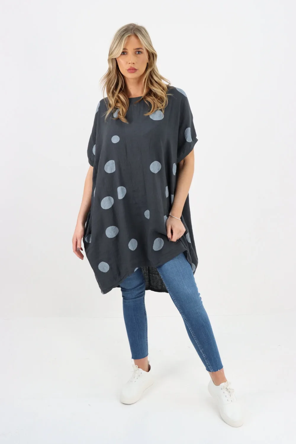 Italian Linen Polka Dot Charcoal Tunic Dress Free Size