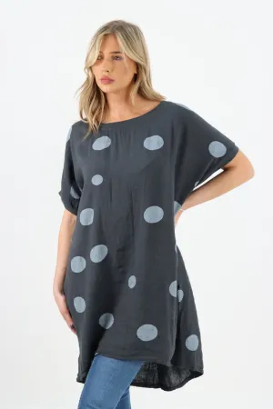Italian Linen Polka Dot Charcoal Tunic Dress Free Size