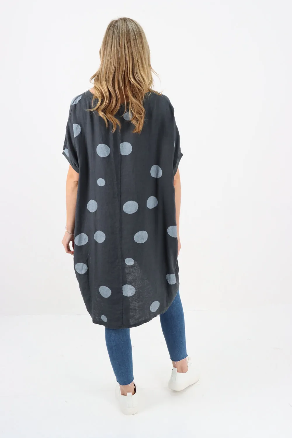 Italian Linen Polka Dot Charcoal Tunic Dress Free Size