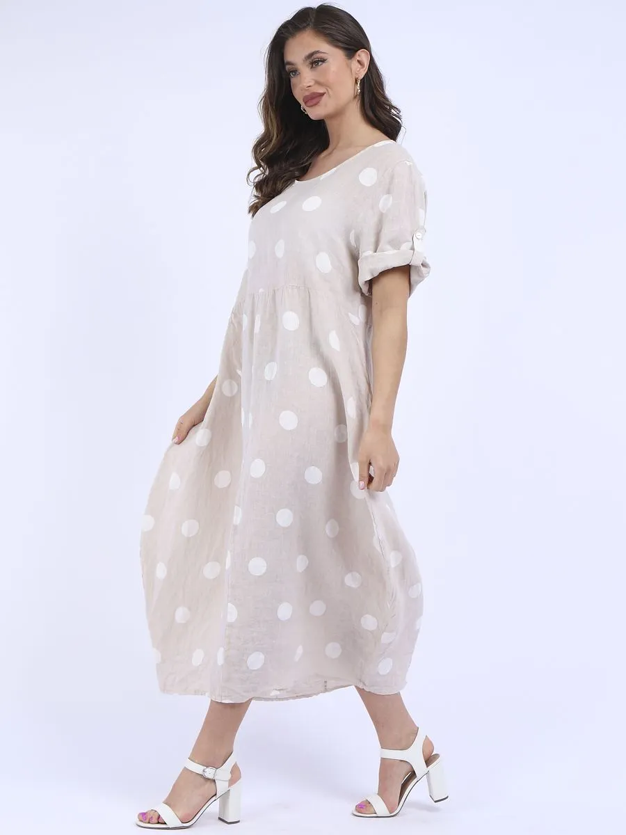 Italian Polka Dot Beige Linen Pocket Dress Sz 12-18