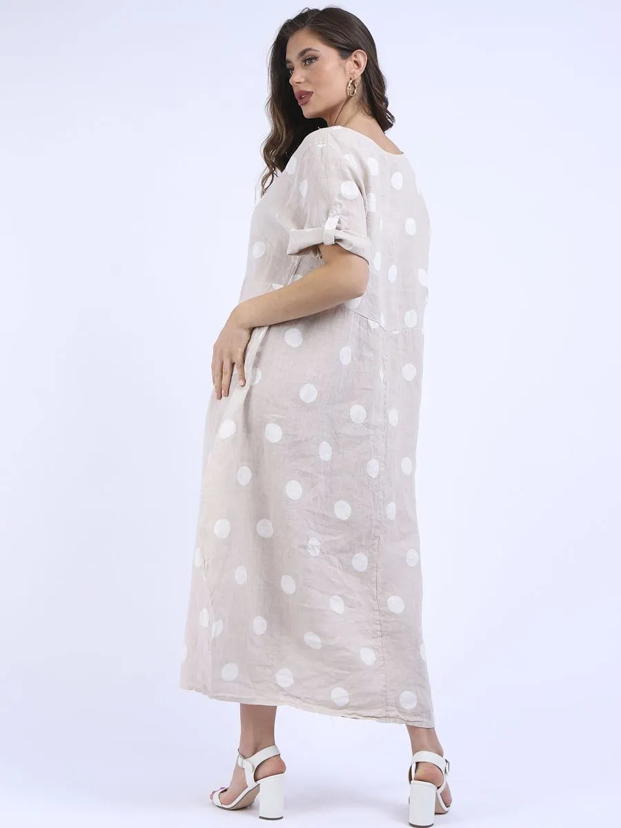 Italian Polka Dot Beige Linen Pocket Dress Sz 12-18