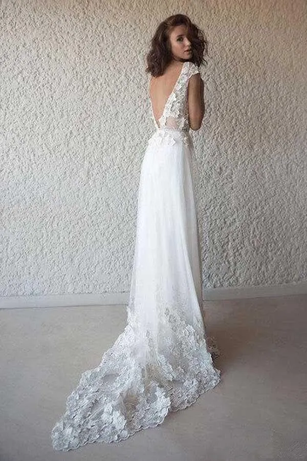 Ivory Cap Sleeve See Through Wedding Dresses Beach Bridal Dress TN202
