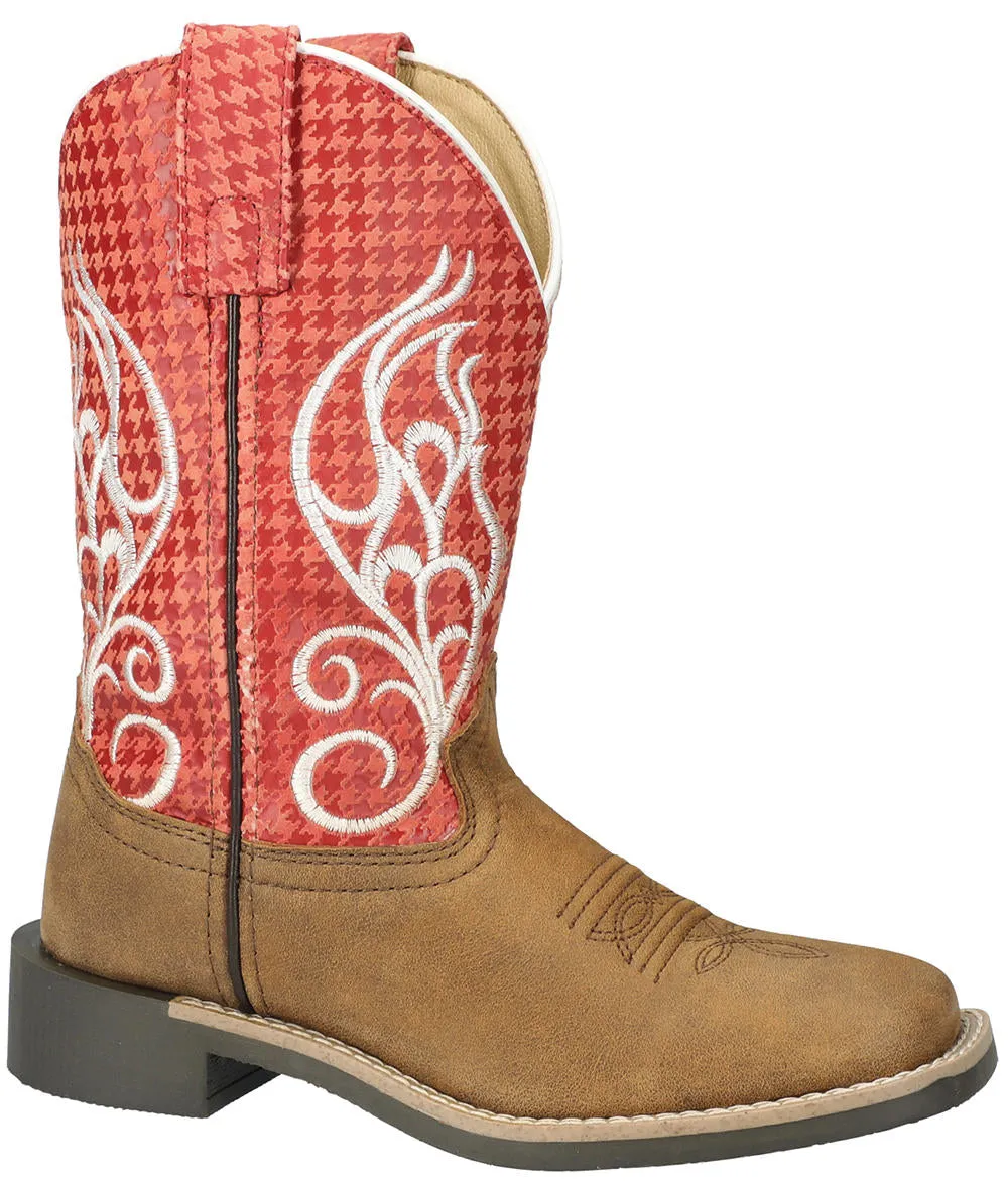 Kid's Rodeo Brown Distress/Rust Leather Western Boot with White Embroidery from Smoky Mountain Boots