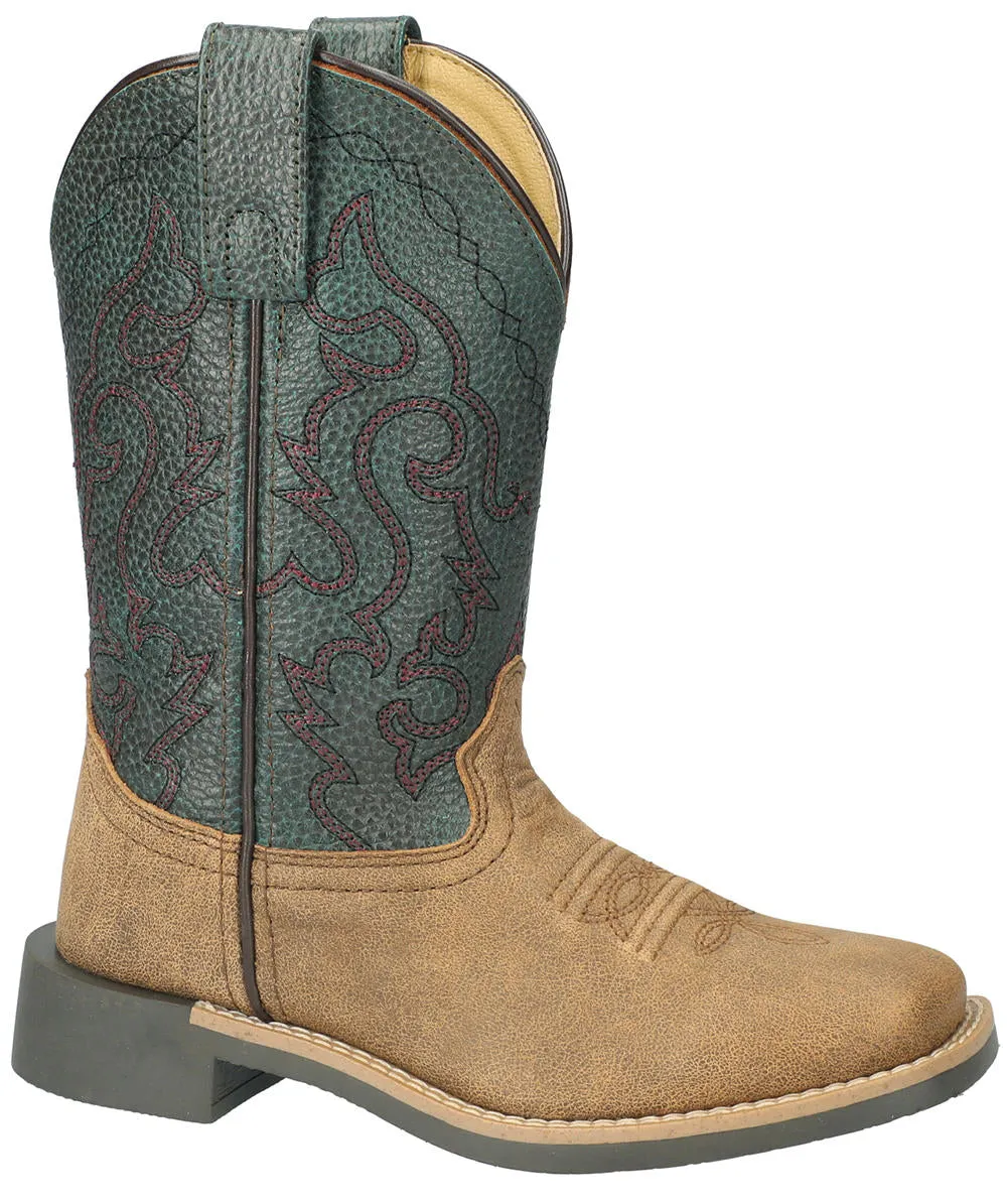 Kids Smoky Mountain Boots Distressed Brown Midland Square Toe Boots with Pebble Green Tops