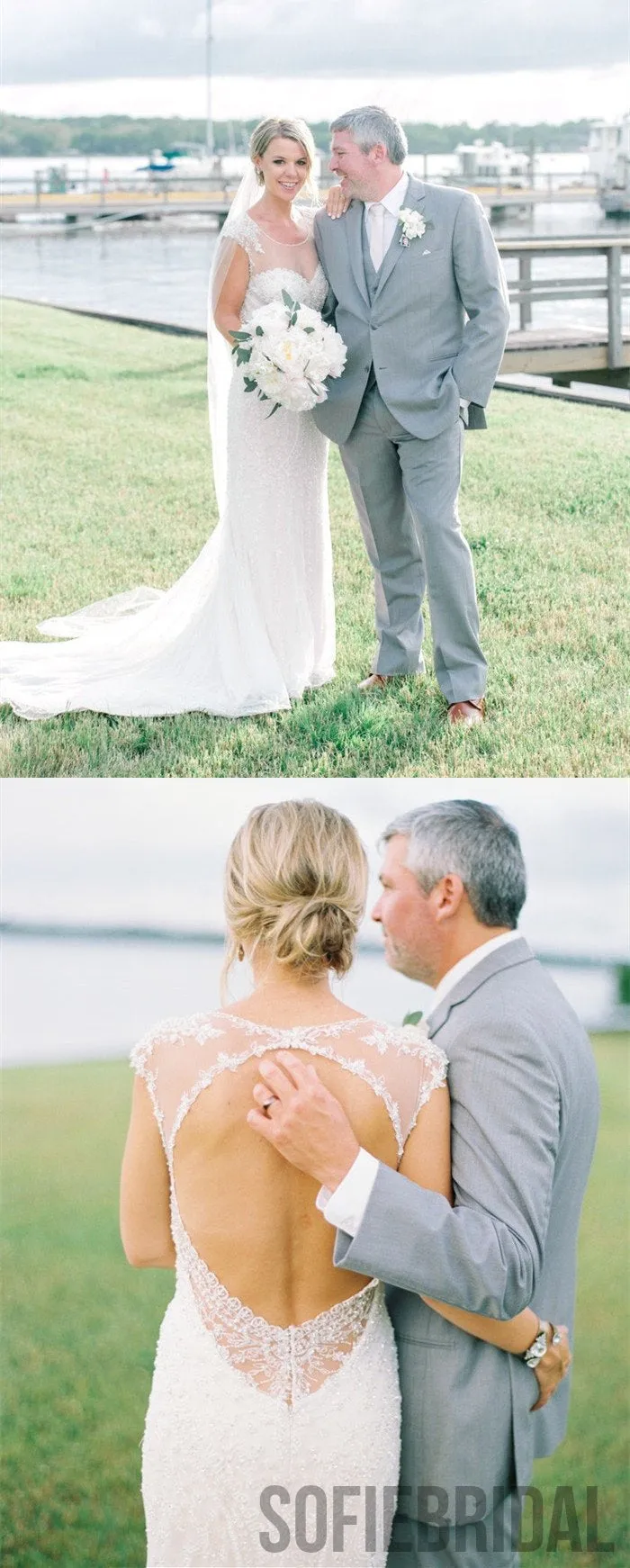 Mermaid Cap Sleeves See-though Open-back Beading Wedding Dresses, WD0476