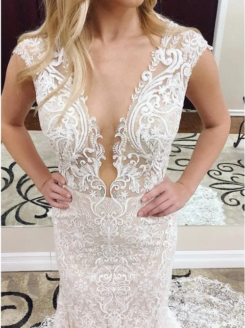 Mermaid Deep V-Neck Cap Sleeves Lace Elegant Wedding Dresses OKK41