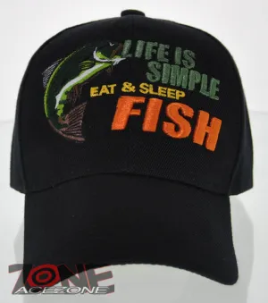 NEW! LIFE IS SIMPLE EAT & SLEEP FISH OUTDOOR SPORT FISHING CAP HAT BLACK