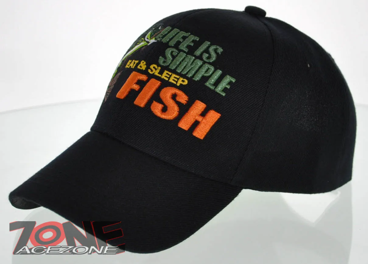 NEW! LIFE IS SIMPLE EAT & SLEEP FISH OUTDOOR SPORT FISHING CAP HAT BLACK