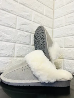 New Product not even in stores or online yet! Women's Cow Suede & Shearling Slippers by Tilley Co. MSRP 130  GREY Sz 7