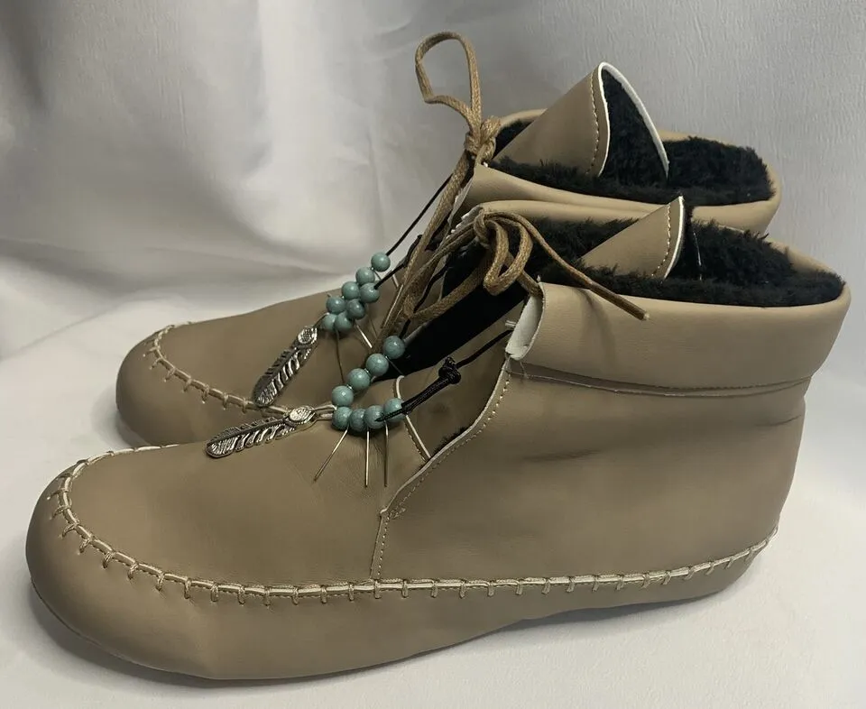 NEW Womens Tie Up Slippers Booties Furry Lined Decorative Beads Feather Size 7