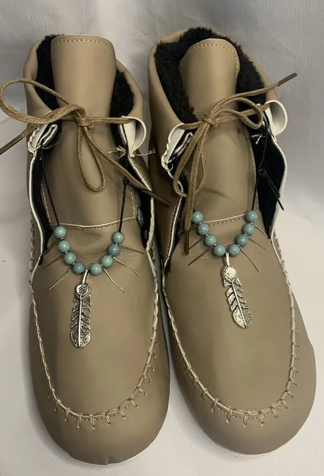 NEW Womens Tie Up Slippers Booties Furry Lined Decorative Beads Feather Size 7