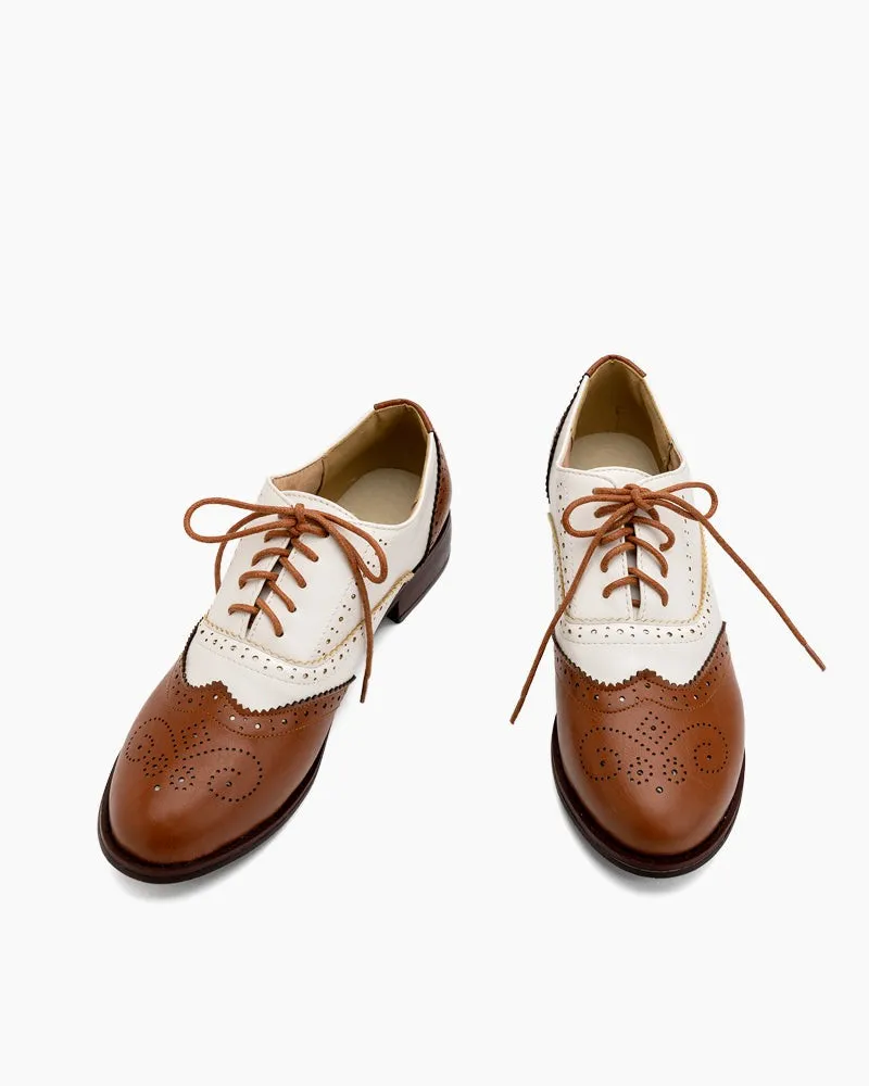 Perforated Lace-up Wingtip Leather Flat Oxfords