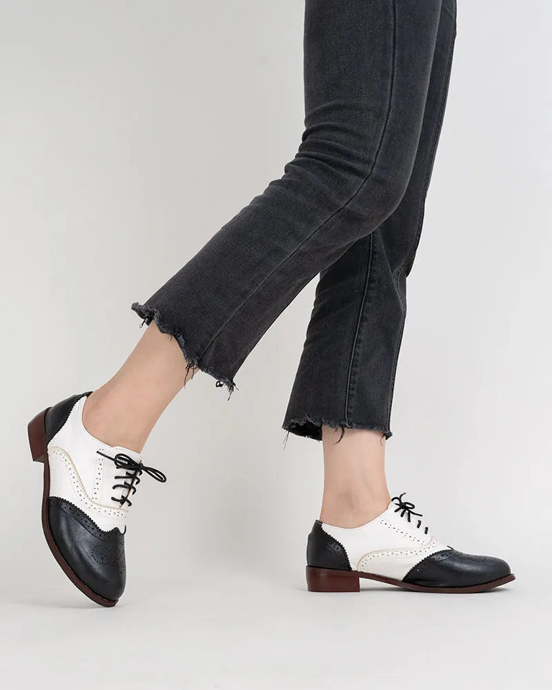Perforated Lace-up Wingtip Leather Flat Oxfords
