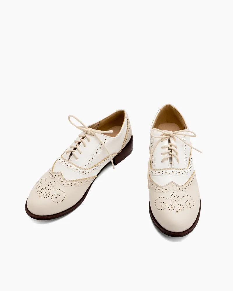 Perforated Lace-up Wingtip Leather Flat Oxfords