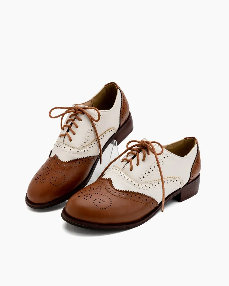 Perforated Lace-up Wingtip Leather Flat Oxfords