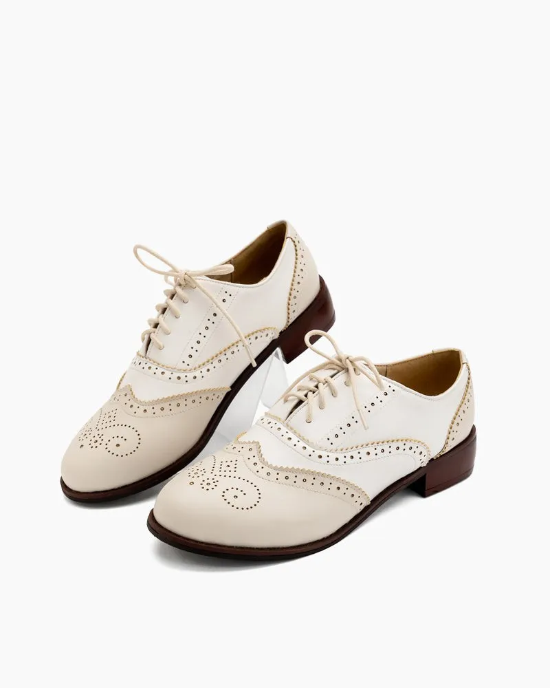 Perforated Lace-up Wingtip Leather Flat Oxfords