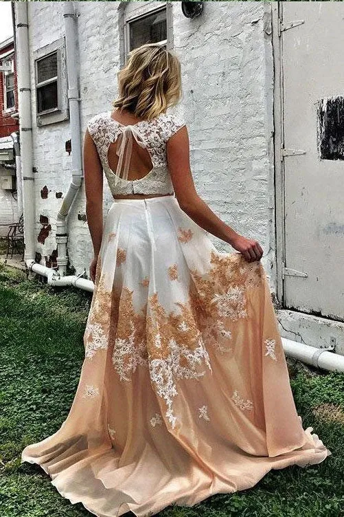 Pretty Two Piece Cap Sleeves A Line Lace Appliques Prom Dress OKG39