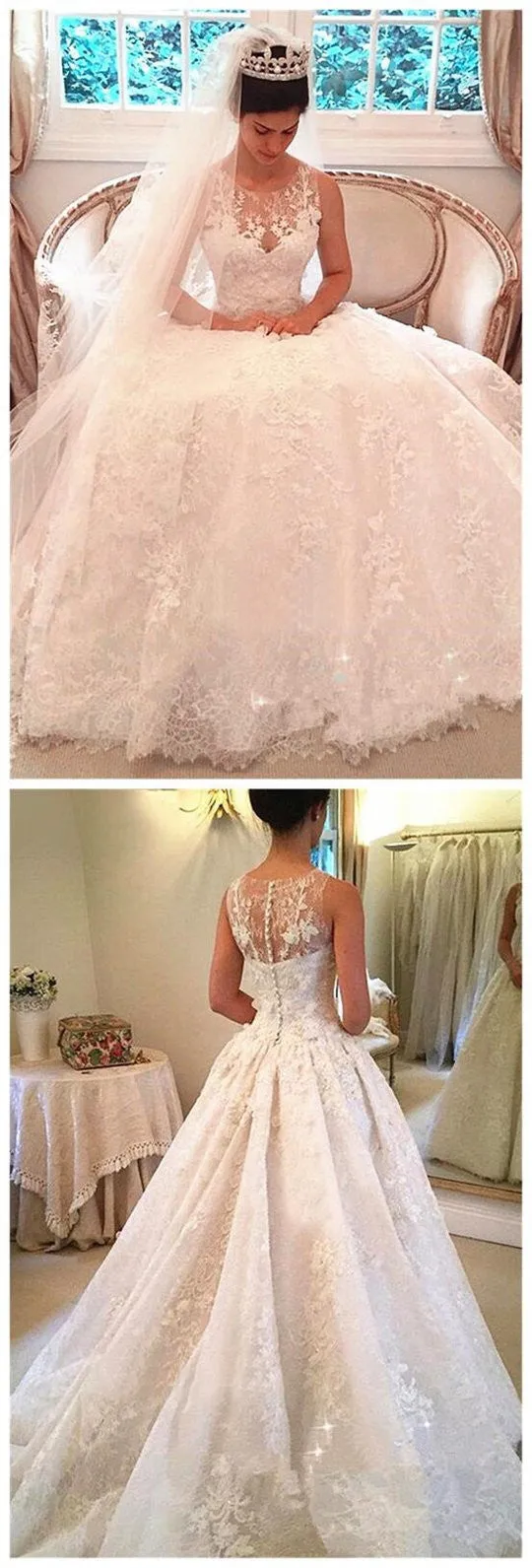 Princess Shinny Lace Button A Line Wedding Dresses With Trailing OKD52