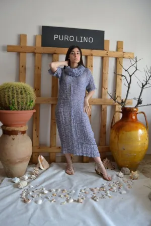 Pure Italian Linen Positano Long Blue Dress Short sleeves