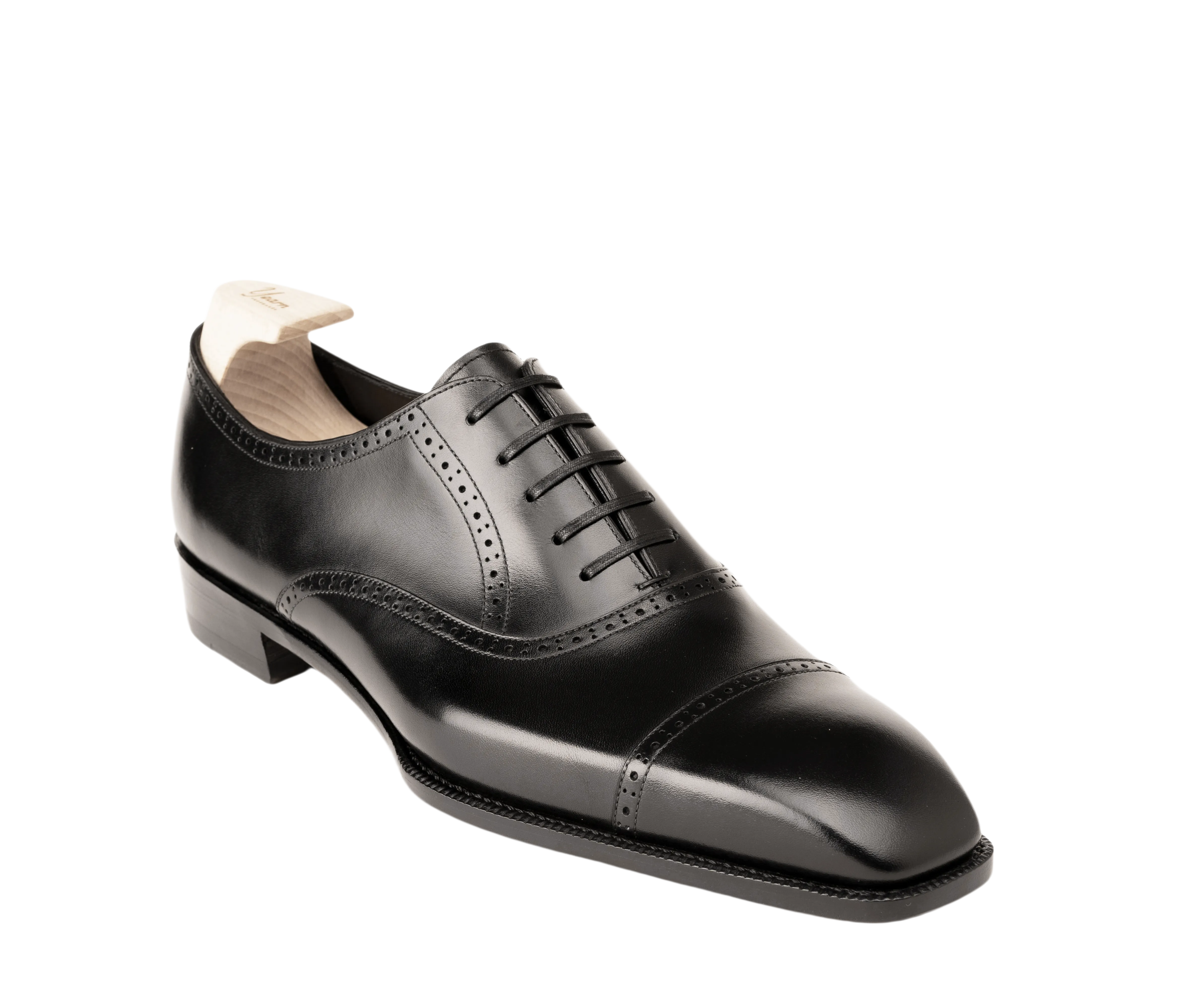Raj Singhs Black Italian Leather Cap Toe Oxford with Brogue Detailing – Handcrafted Square Toe Dress Shoes