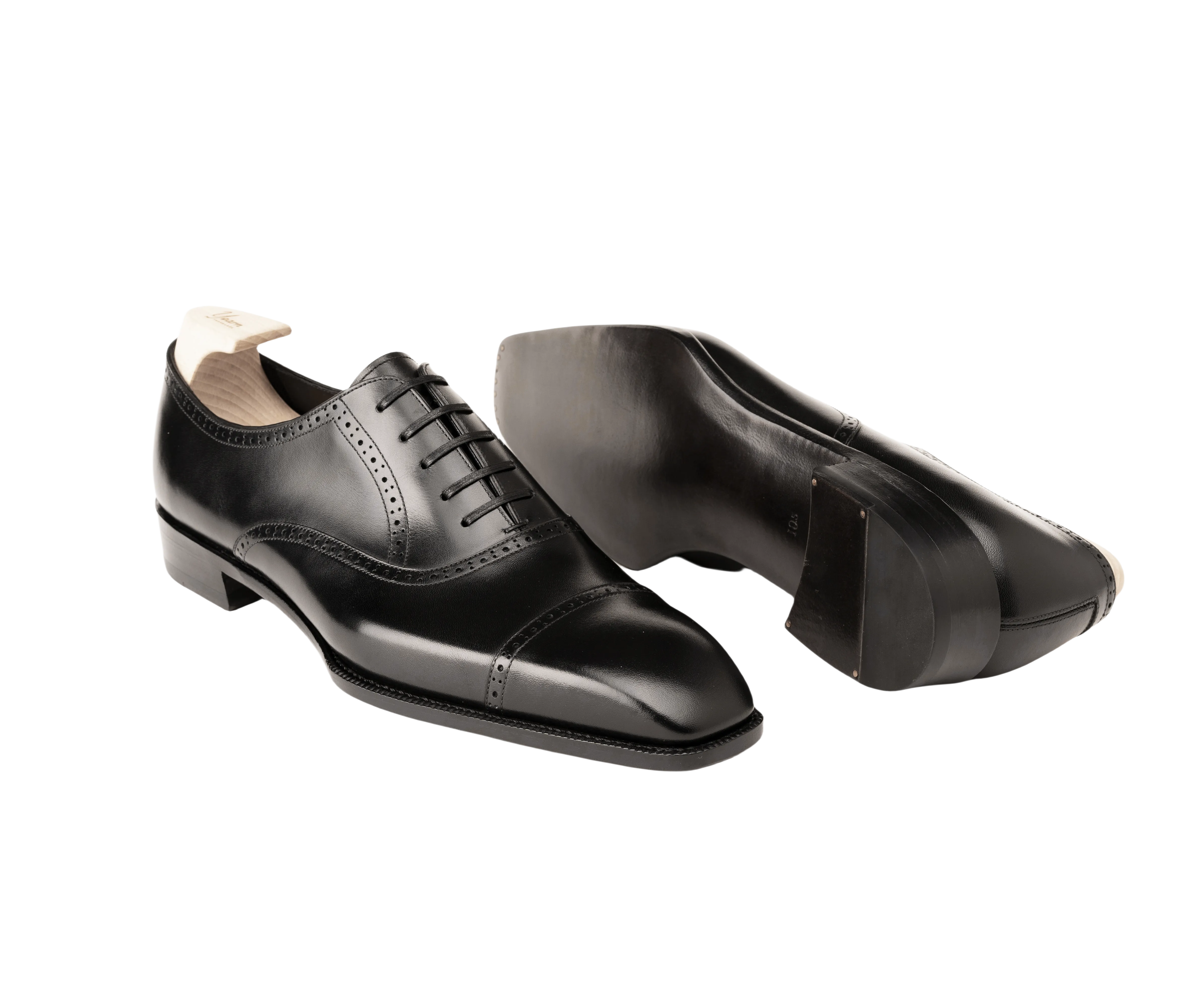 Raj Singhs Black Italian Leather Cap Toe Oxford with Brogue Detailing – Handcrafted Square Toe Dress Shoes