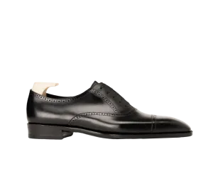 Raj Singhs Black Italian Leather Cap Toe Oxford with Brogue Detailing – Handcrafted Square Toe Dress Shoes
