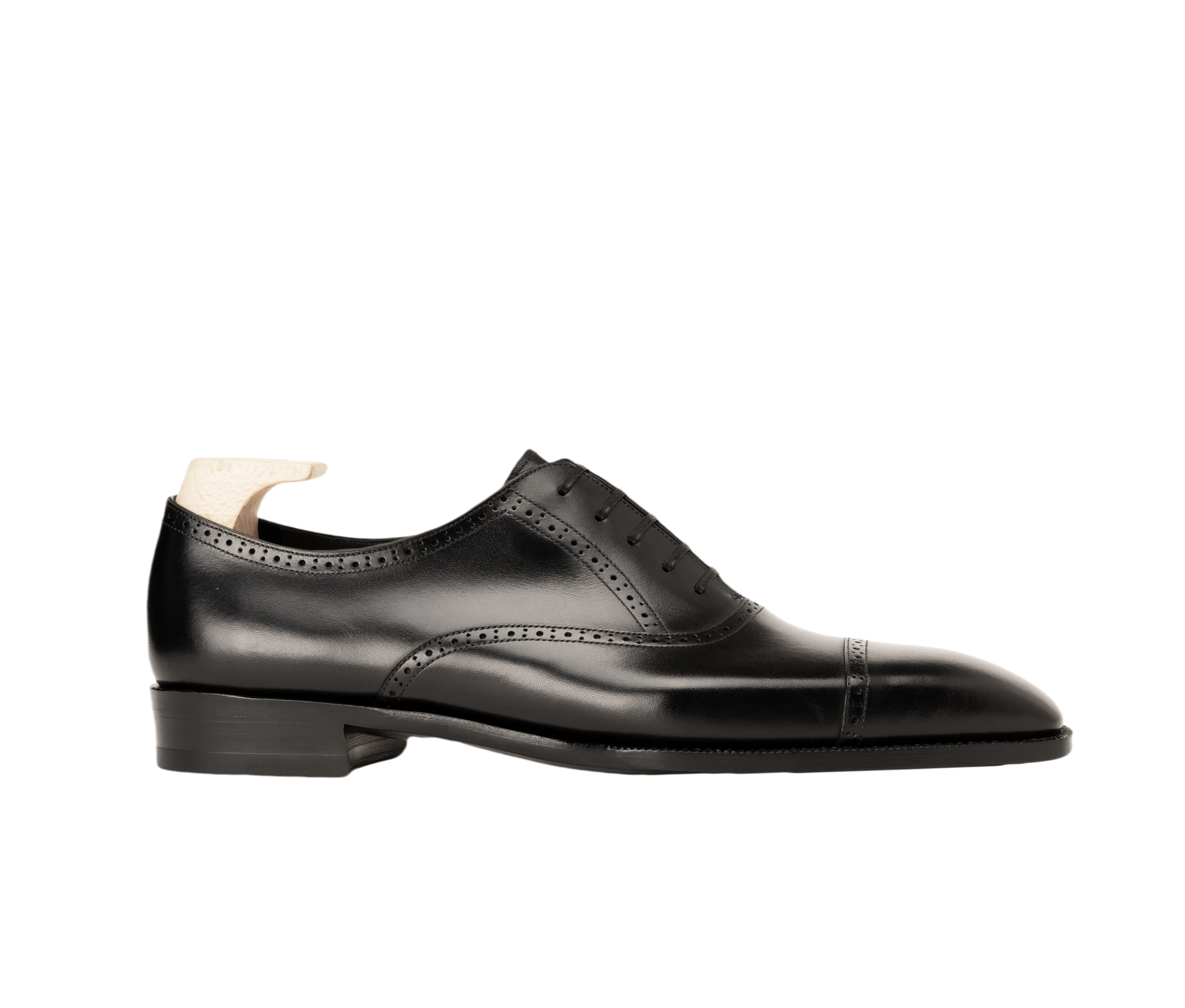 Raj Singhs Black Italian Leather Cap Toe Oxford with Brogue Detailing – Handcrafted Square Toe Dress Shoes