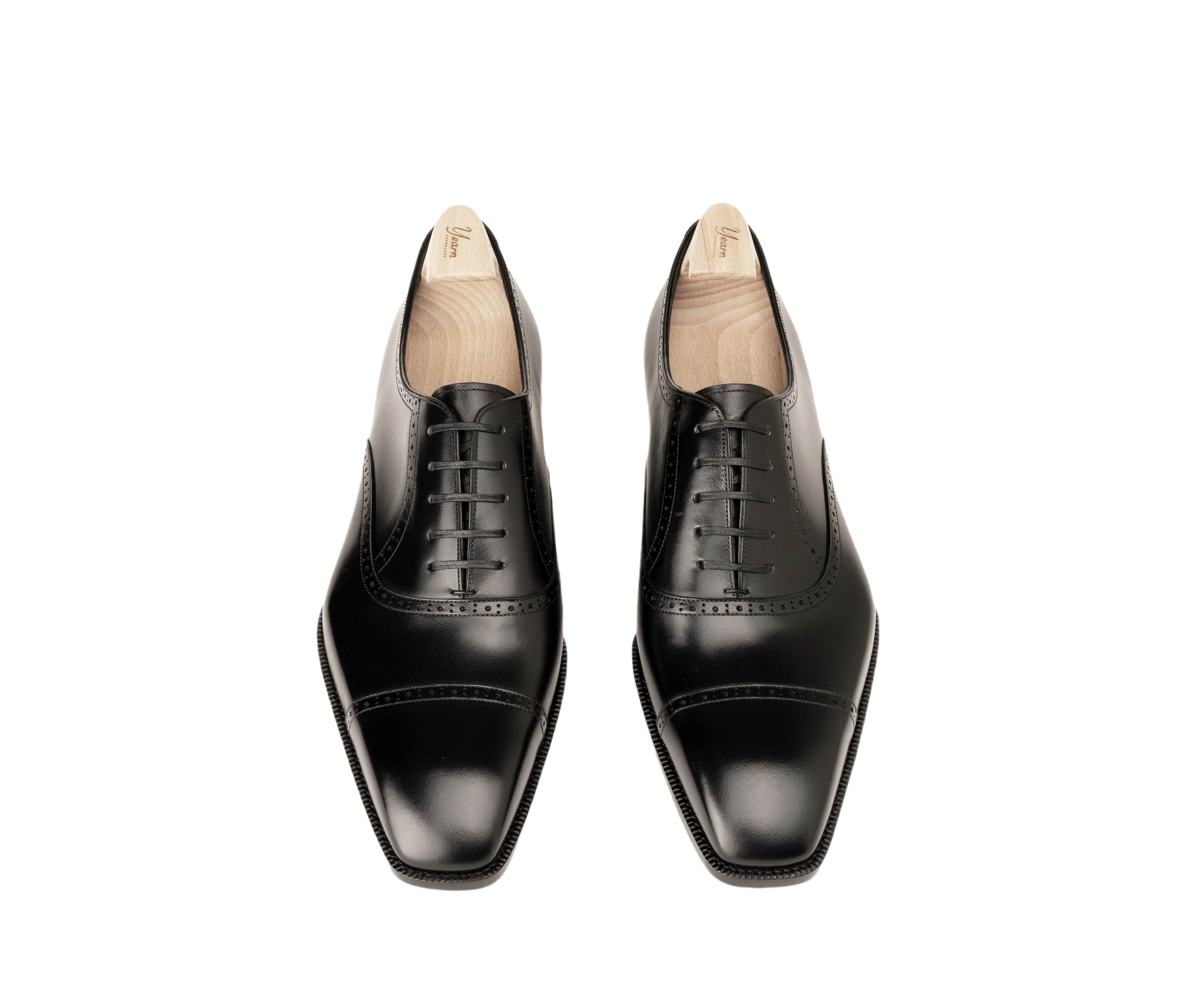 Raj Singhs Black Italian Leather Cap Toe Oxford with Brogue Detailing – Handcrafted Square Toe Dress Shoes