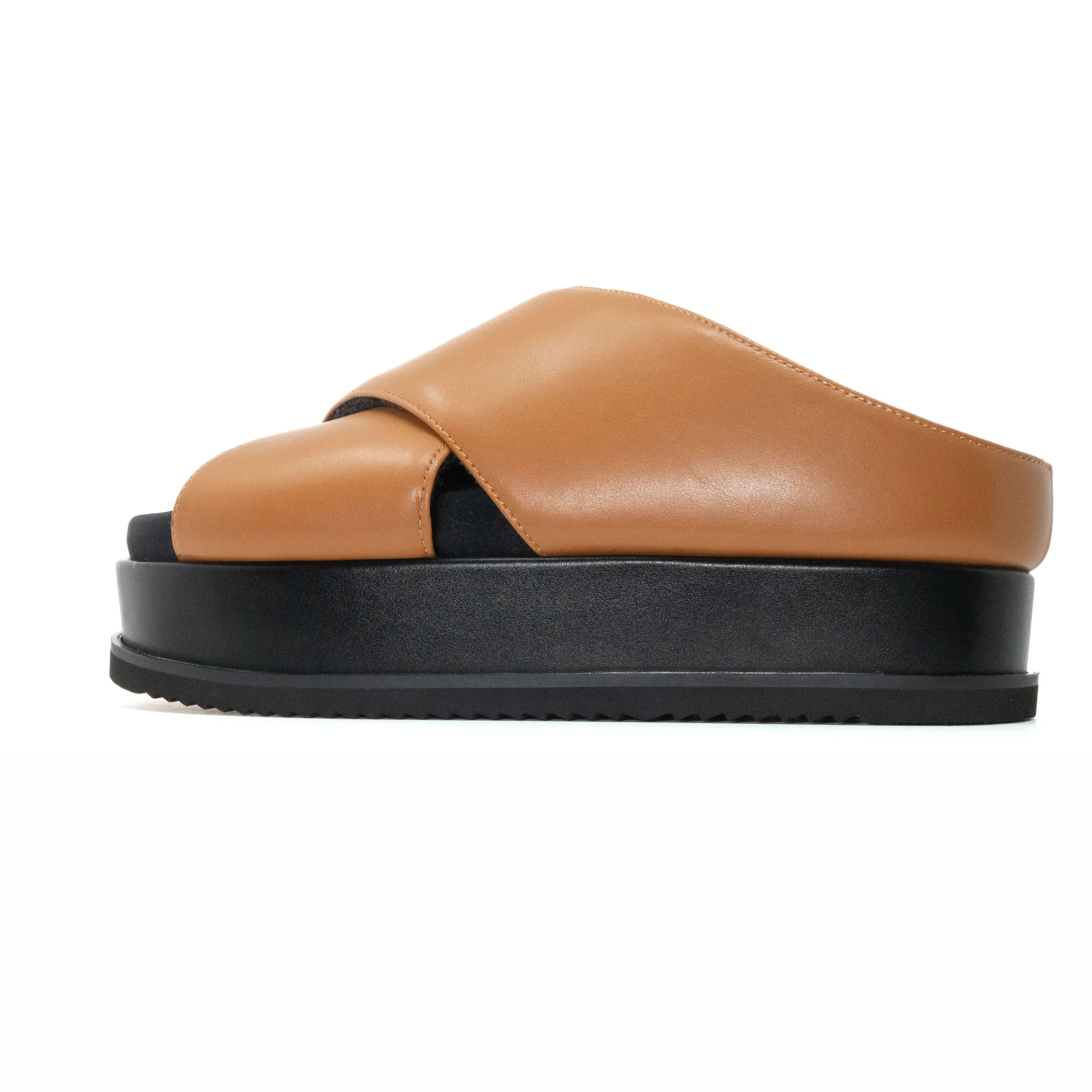 ROAM CROSS STACK PLATFORM SANDALS COGNAC VEGAN LEATHER